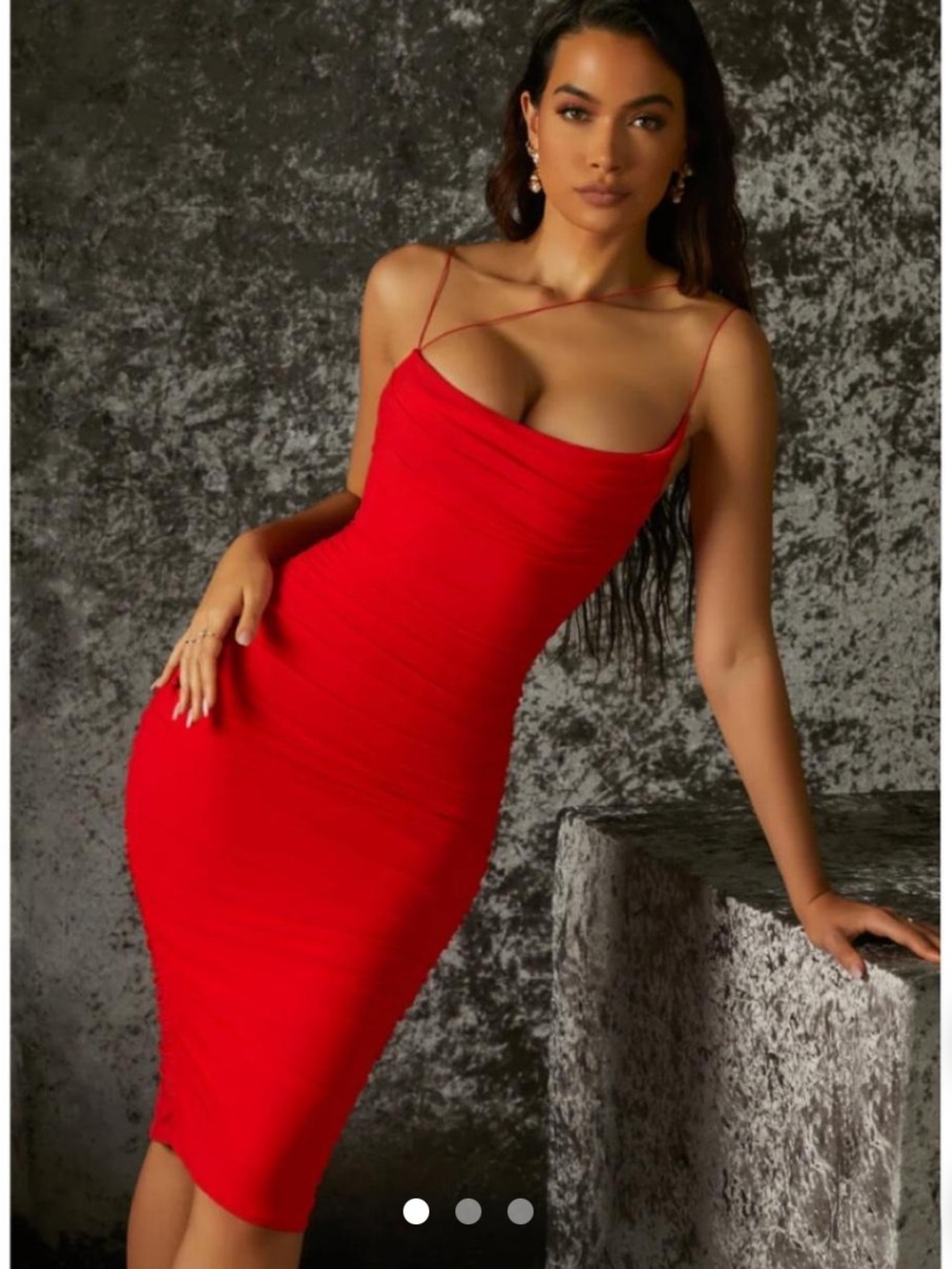Oh Polly Red Bodycon Midi Dress with Delicate Asymmetric Straps - Picture 3 of 10